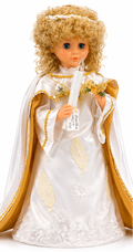 Anson Antiques & Gifts Collectible Angel Doll Keepsake, White & Gold Satin Gown with Candle, Curly Blonde Hair