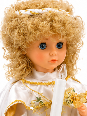 Anson Antiques & Gifts Collectible Angel Doll Keepsake, White & Gold Satin Gown with Candle, Curly Blonde Hair