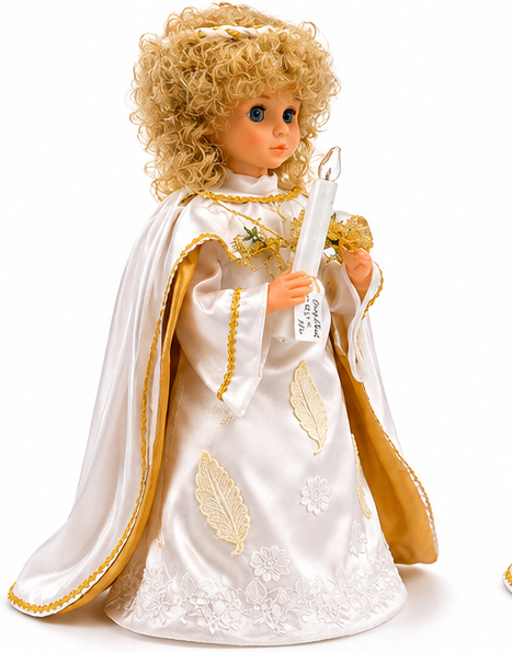 Anson Antiques & Gifts Collectible Angel Doll Keepsake, White & Gold Satin Gown with Candle, Curly Blonde Hair