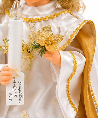Anson Antiques & Gifts Collectible Angel Doll Keepsake, White & Gold Satin Gown with Candle, Curly Blonde Hair